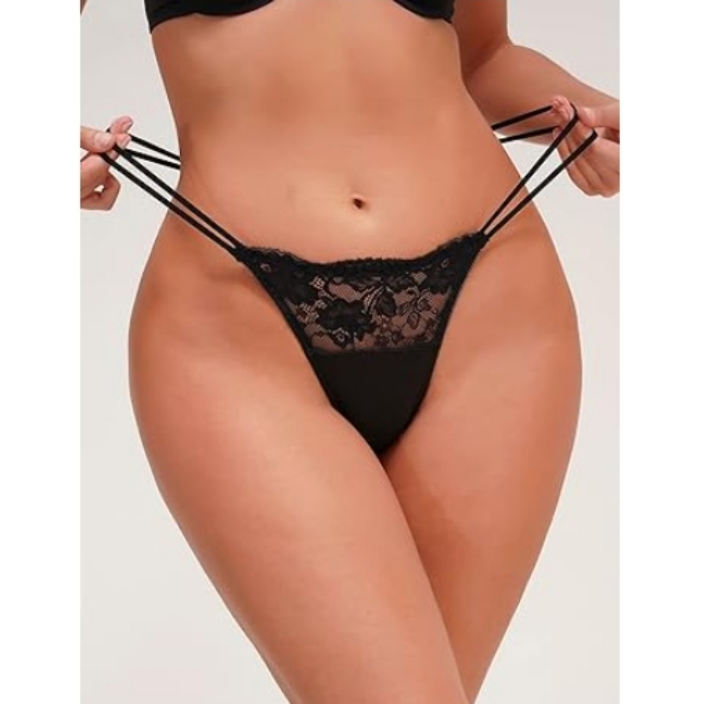 Floral Lace Bow Decor Panty Mid Rise Mesh Thong Underwear Black Pure